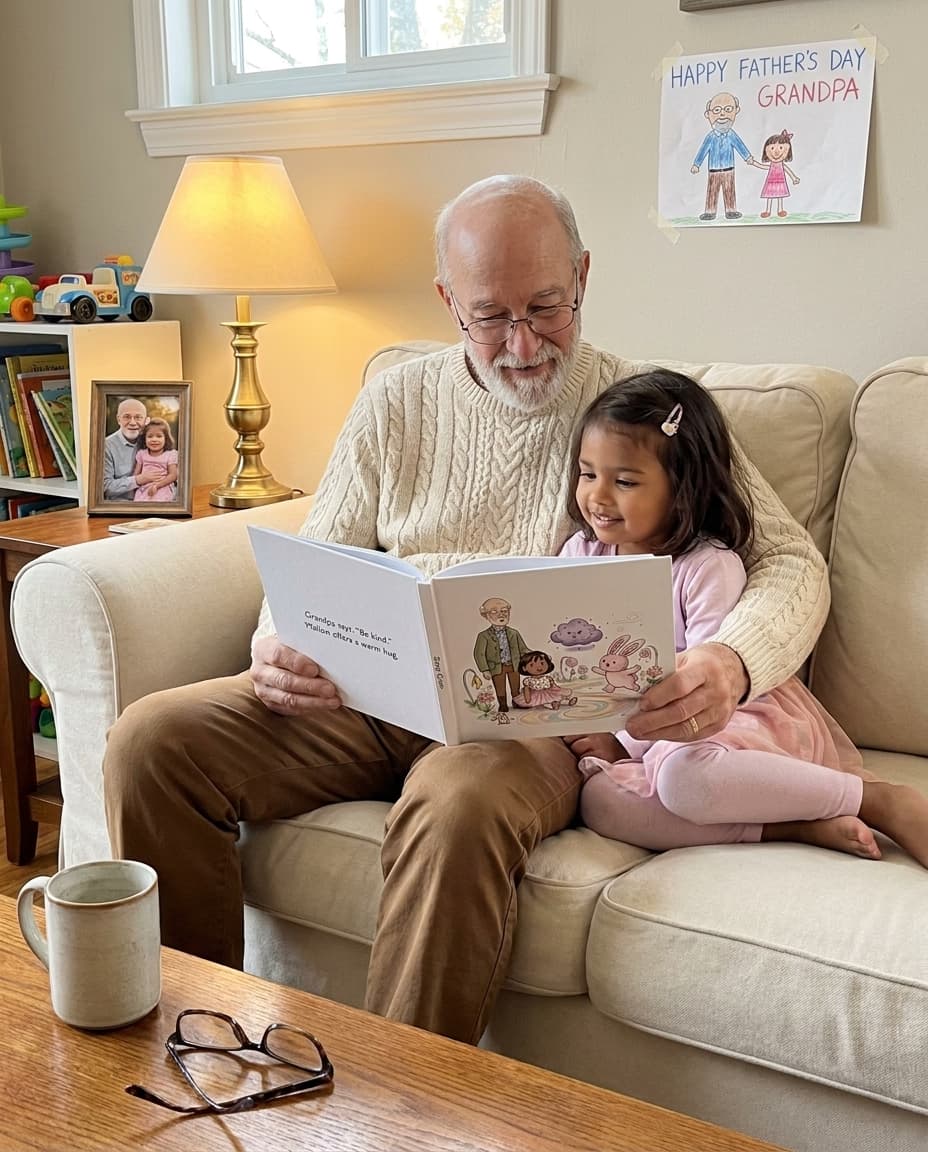 A grandfather reading a personalized Story Genie hardcover with his grandchild on a cozy couch