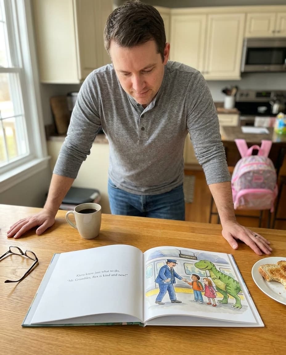 A parent and child at a sunlit kitchen table starting a Story Genie book by uploading a photo