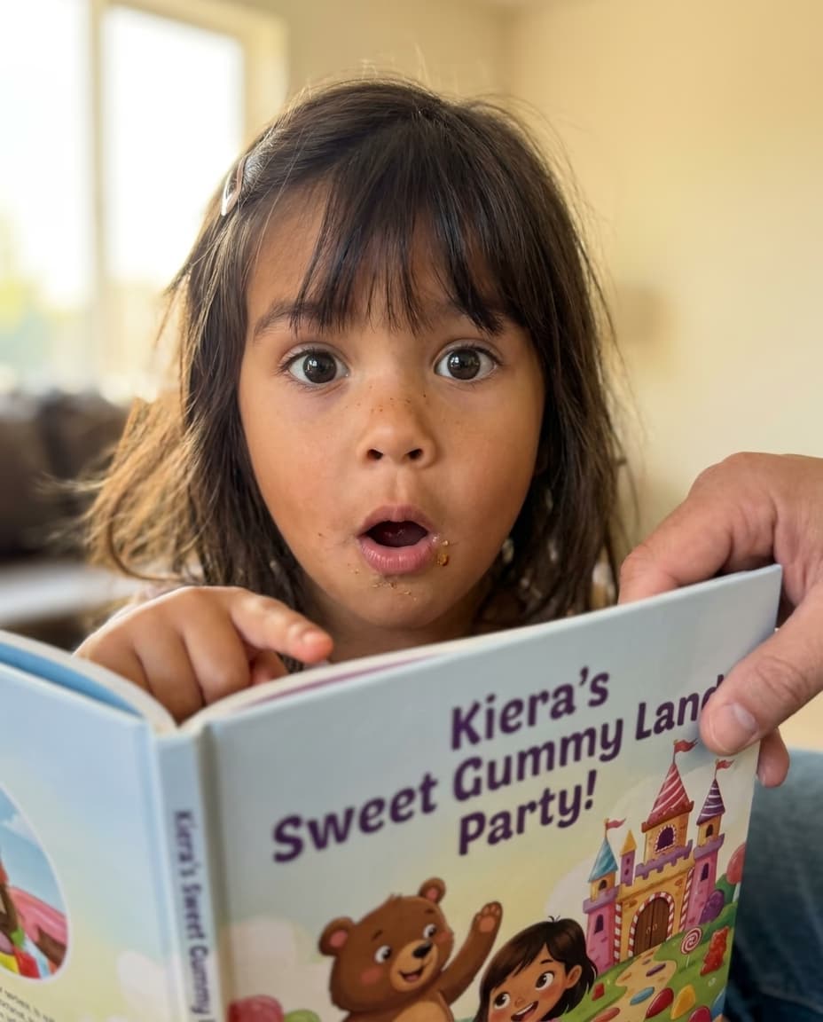 Child reacting to finding themselves in their Story Genie book